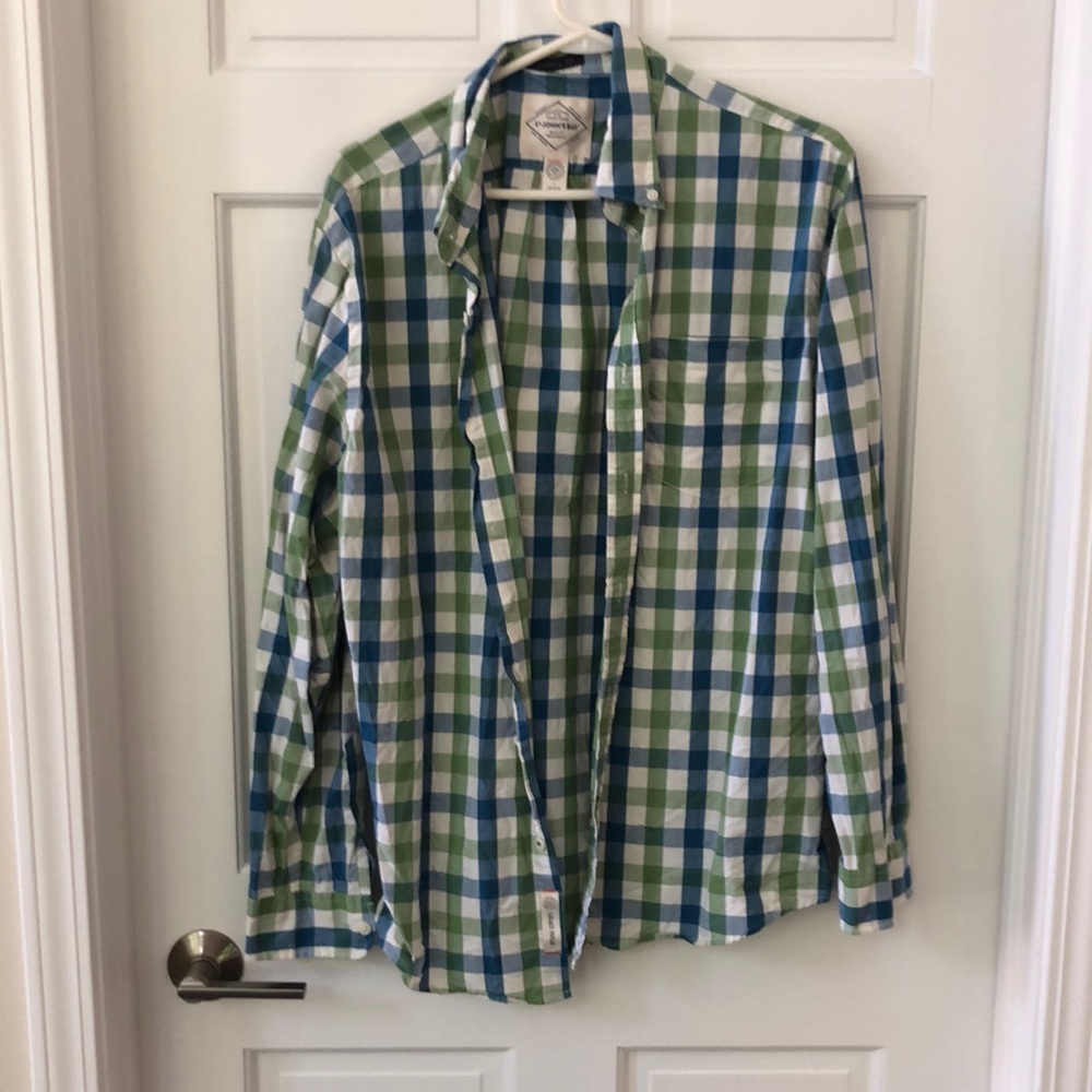 Mens button down size L. Blue, white and green.